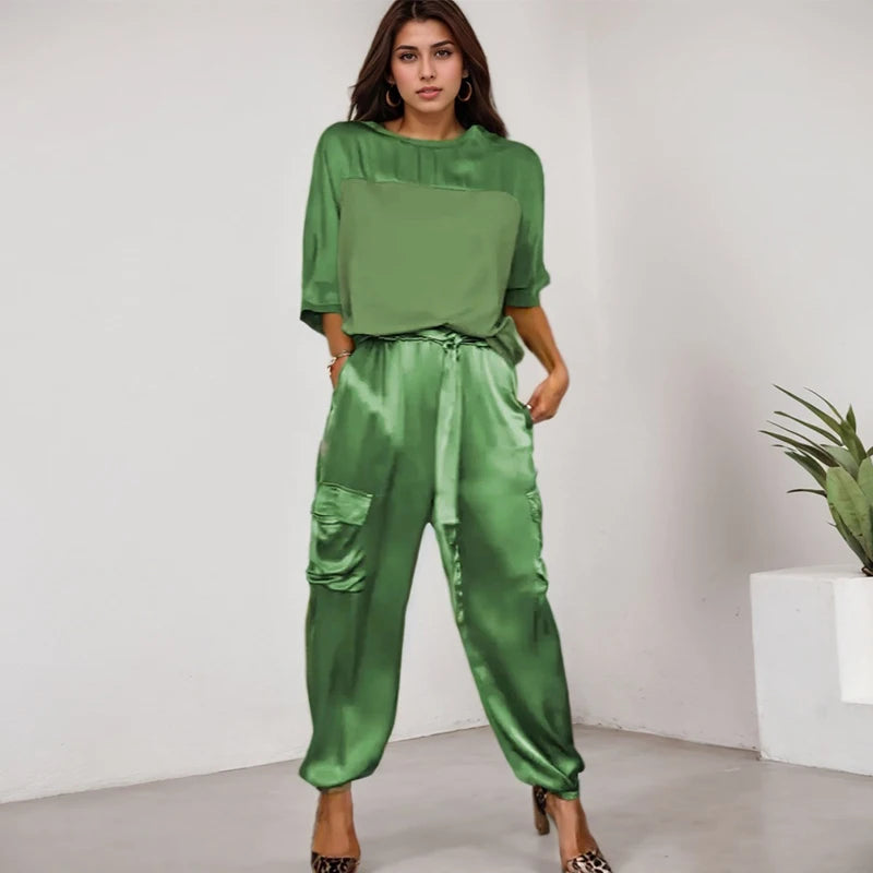 Effortless Elegance: Casual Loose Two-Piece Satin Set for Women