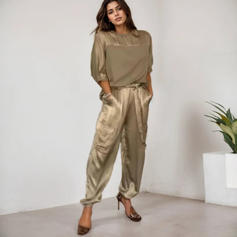 Effortless Elegance: Casual Loose Two-Piece Satin Set for Women