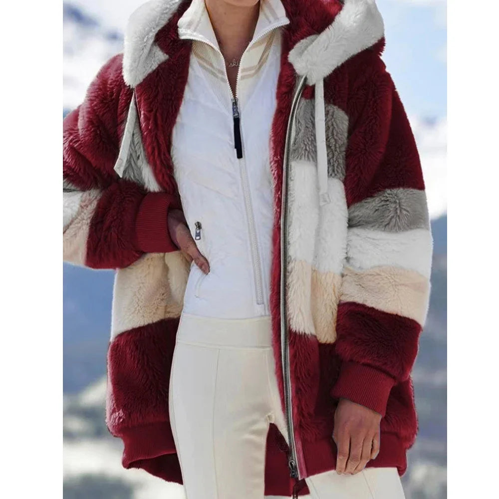 Winter Fashion Women's Coat 2024 Hooded Zipper Ladies Jacket Spliced Thick Cashmere Women Jacket