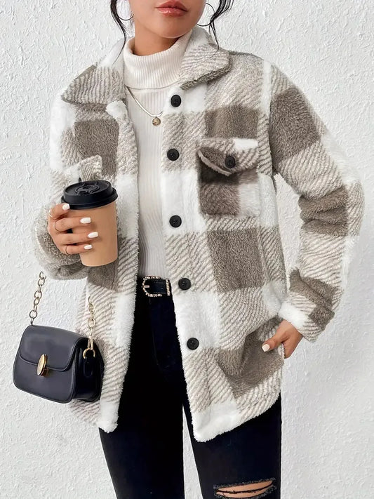 autumn and winter open-button lapel plaid pattern button front jacket warm