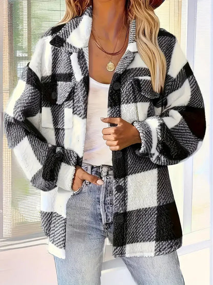 autumn and winter open-button lapel plaid pattern button front jacket warm