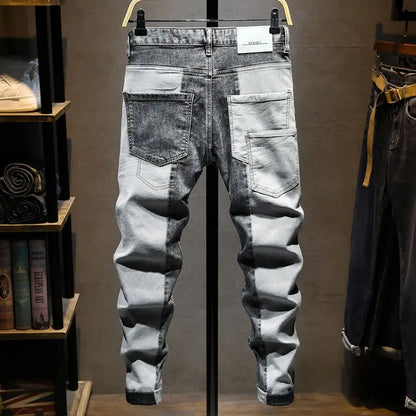 Spring/Autumn Patchwork Slim Jeans for Men – High Street Style Redefined