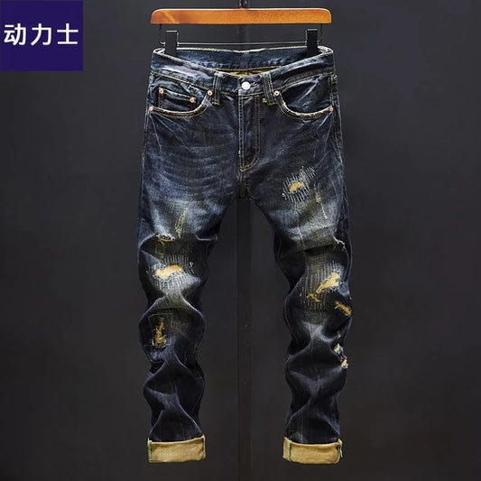 Autumn/Winter Vintage Ripped Stretch Jeans for Men