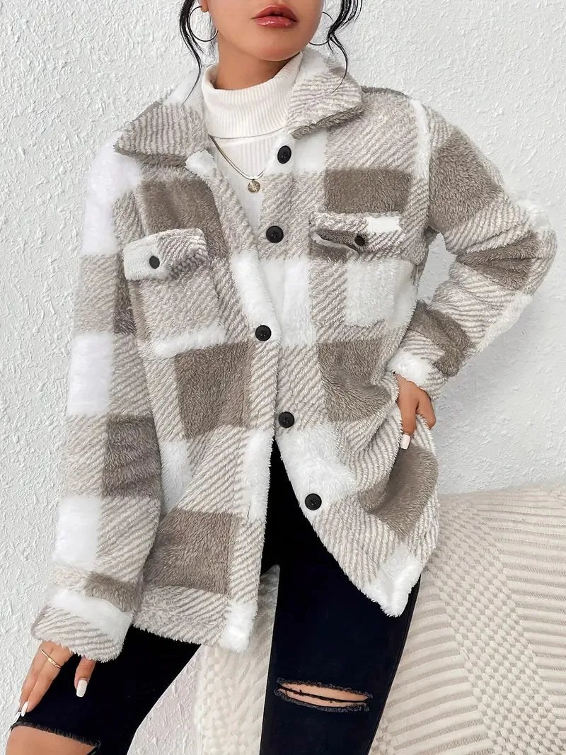 autumn and winter open-button lapel plaid pattern button front jacket warm